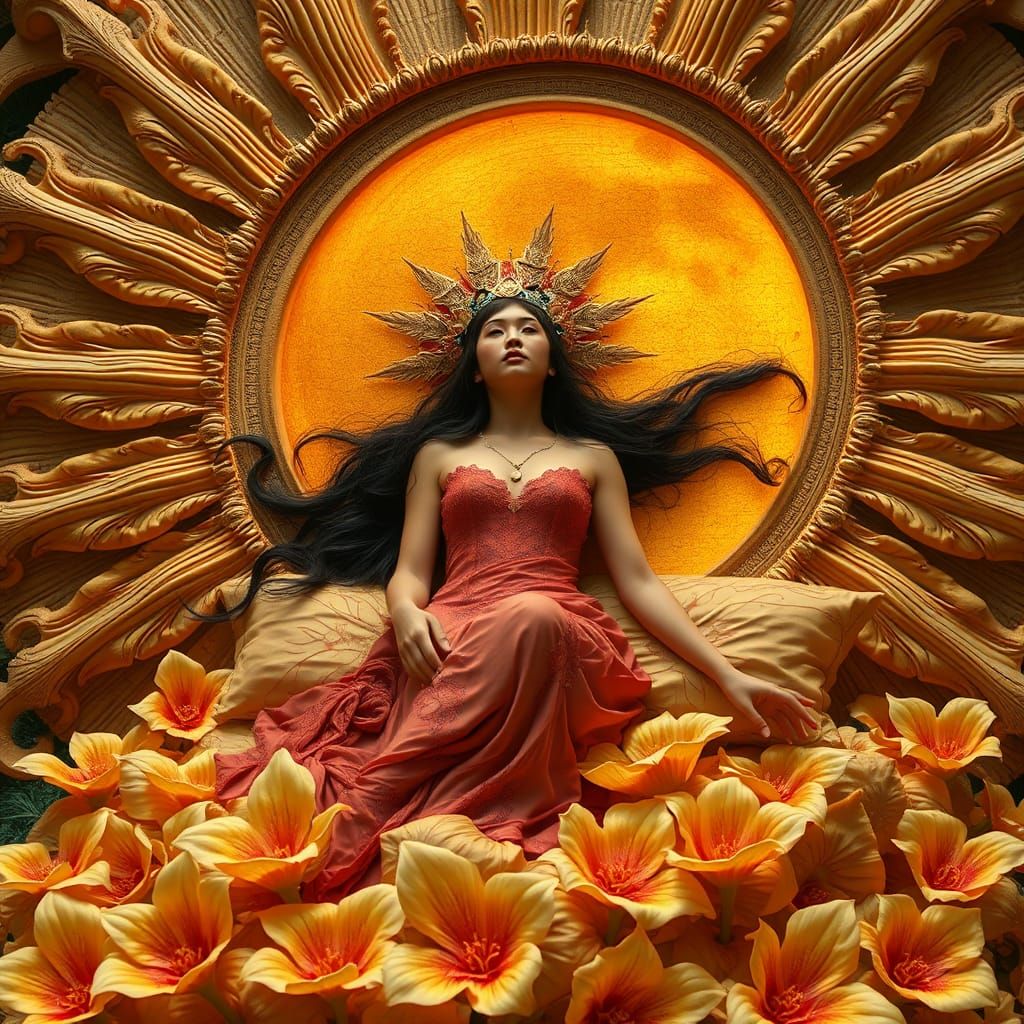 Celestial Woman in Surreal Sun and Moon Bed
