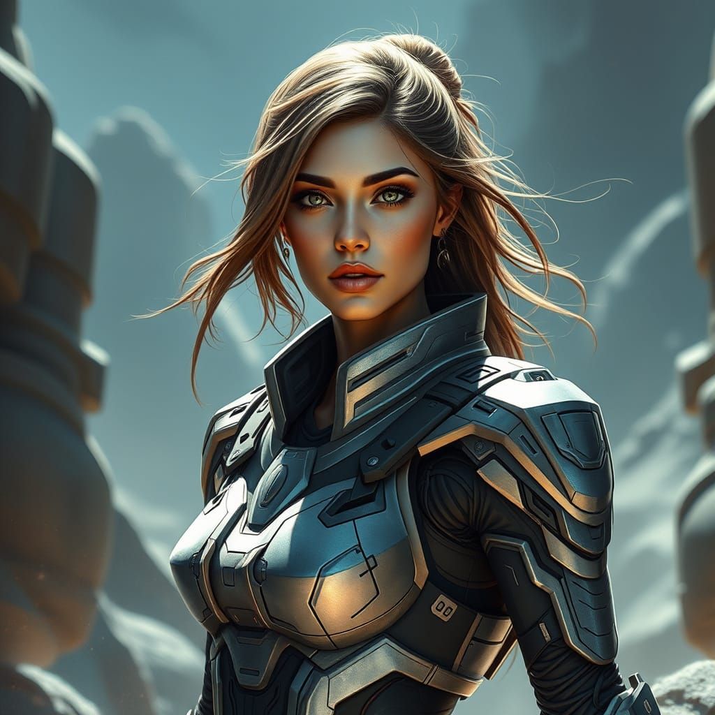 Epic Comic Book Heroine in Futuristic Armor
