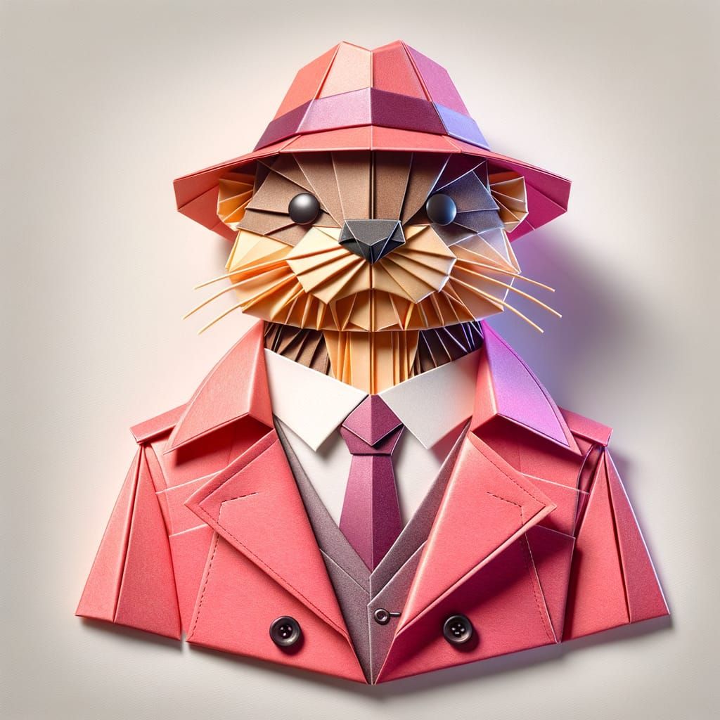 Vibrant Pink Otter Detective in Origami Paper Crafting