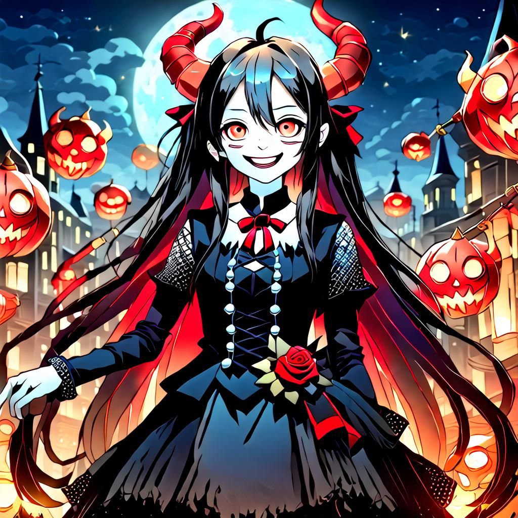 Gothic Demon Woman at Night Festival in 3D Anime Style