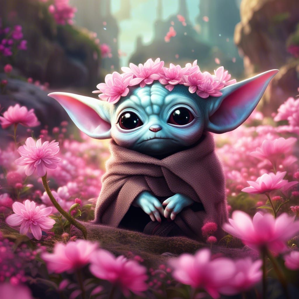 Adorable Baby Grogu Surrounded by Pink Flowers
