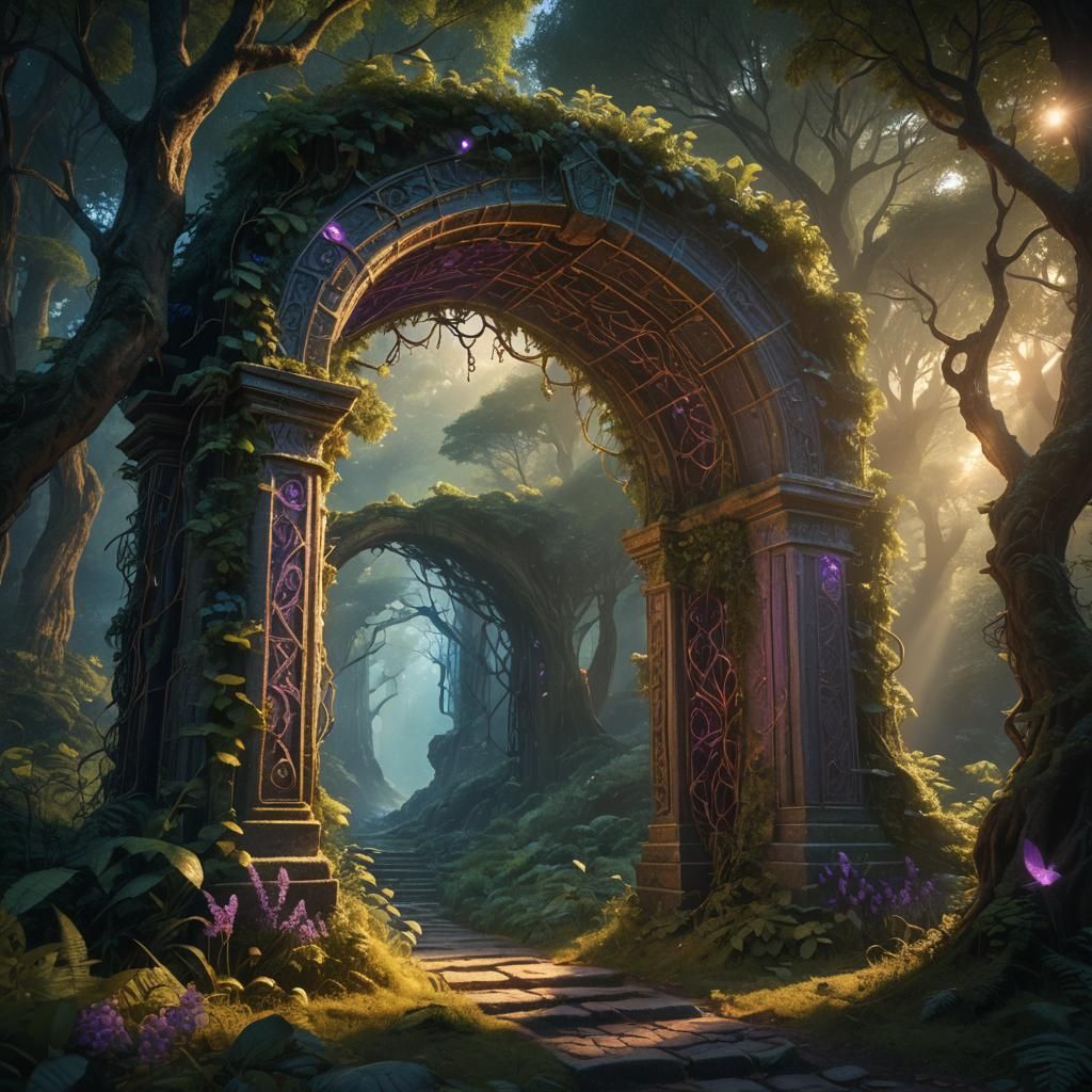 Mystical Archway in Ancient Forest: Fantasy Concept Art
