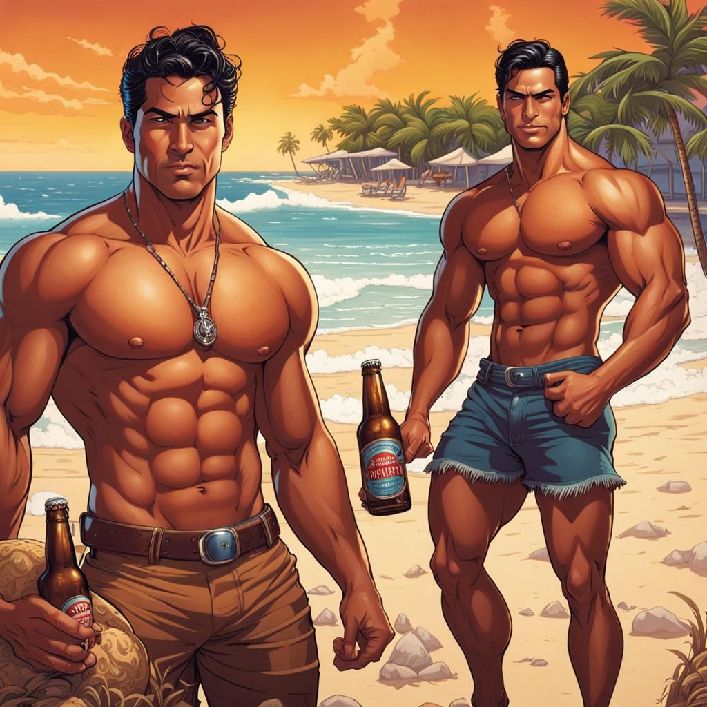 Dreamy Beach Scene with Latin Men Drinking Beer