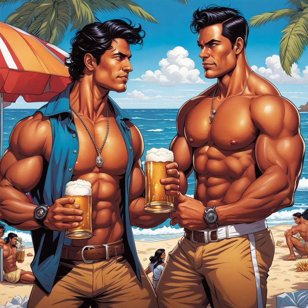 Dreamy Comic Book Beach Scene with Latin Men