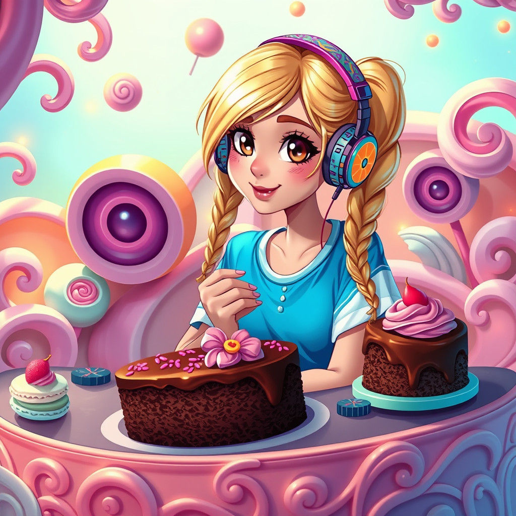 Cartoon Blonde DJ with Cake in a Candy Land