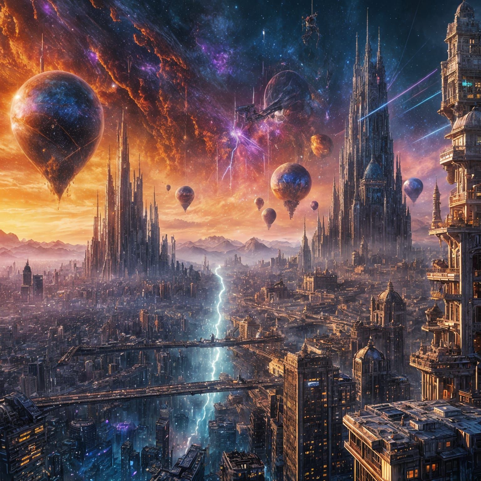 Sci-Fi Fairy City in Space with Double Exposure Effect