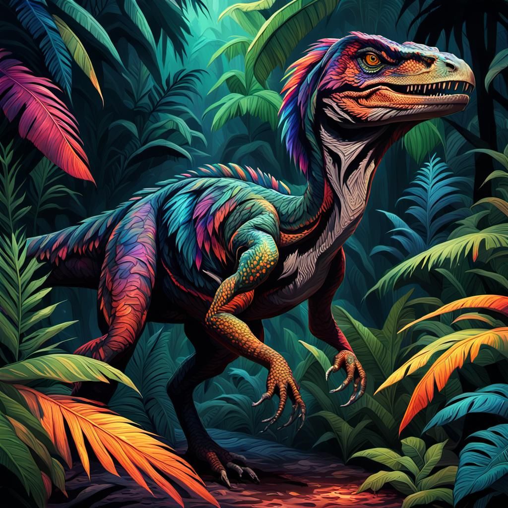 Vibrant Velociraptor in Lush Jungle - Cinematic Dark Fantasy...