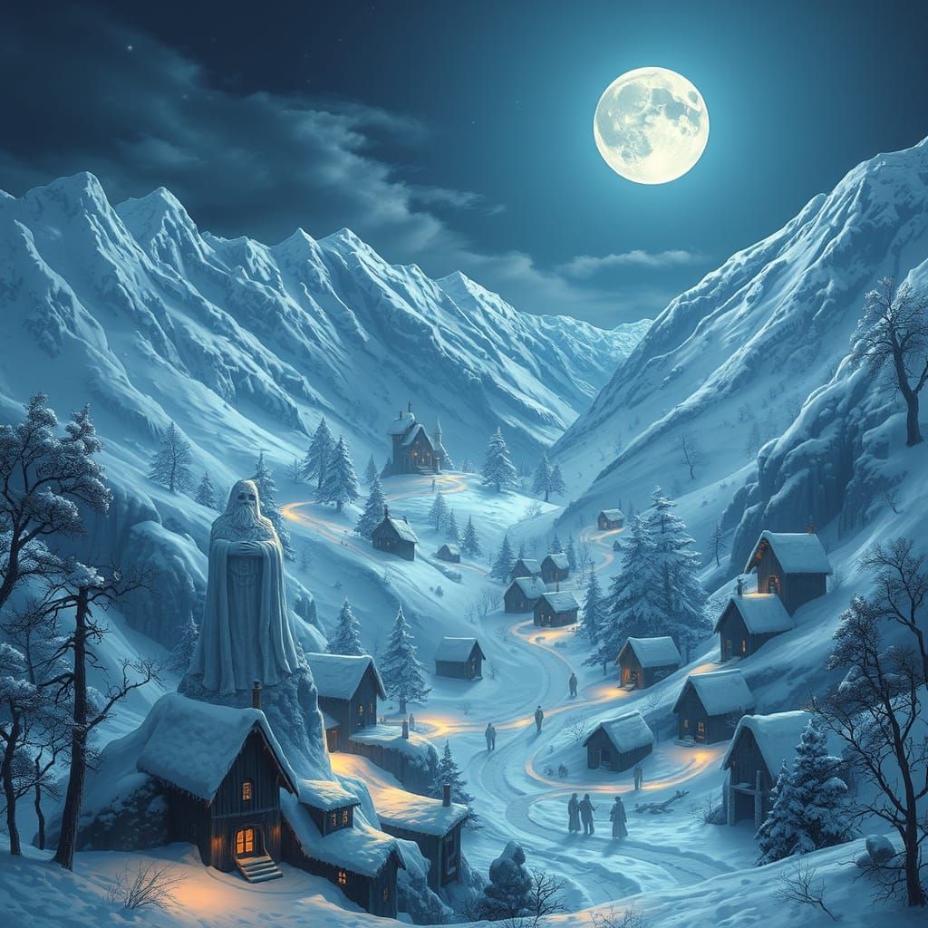 Medieval Winter Scene Under Moonlight with Giant Frost Statu...