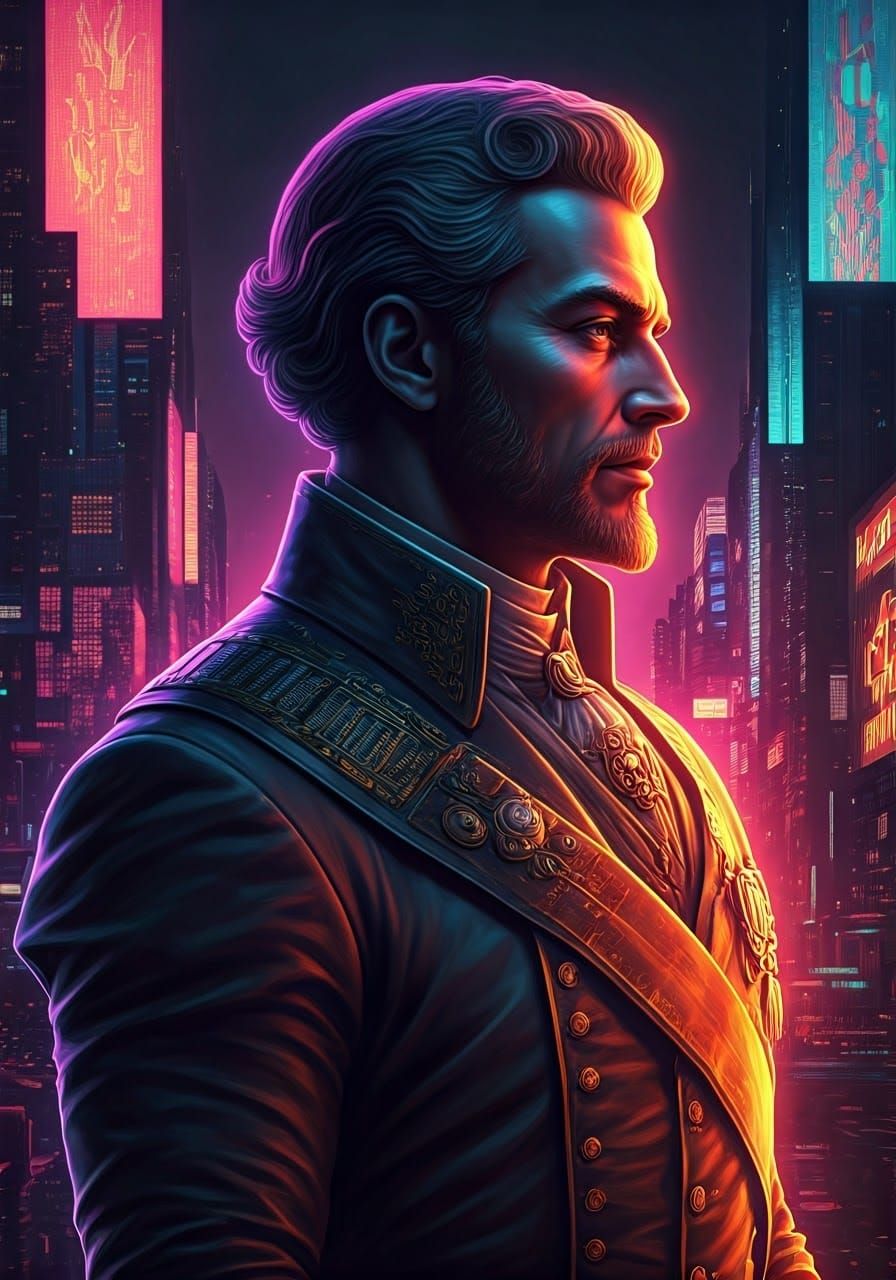 Luxurious Futuristic Nobleman Amidst Neon Cityscape