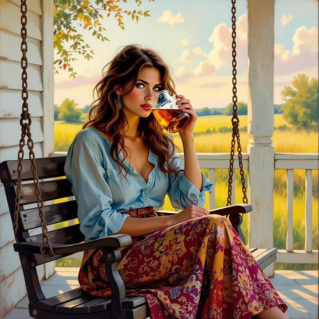 Woman Drinking Moonshine in Americana Style