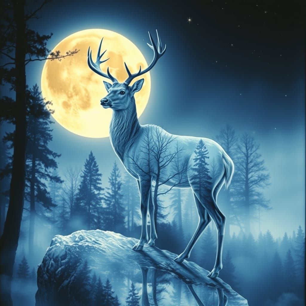 Mystical Deer on Cliff in Moonlight Oil Painting