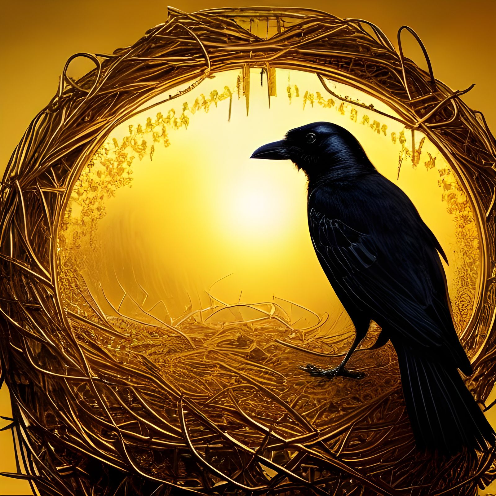 Golden Crow in Elaborate Nest, Fantasy Art