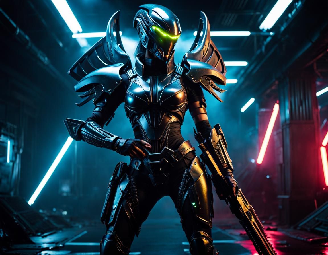 Cyberpunk Amazon Warrior in Xenomorph Armor