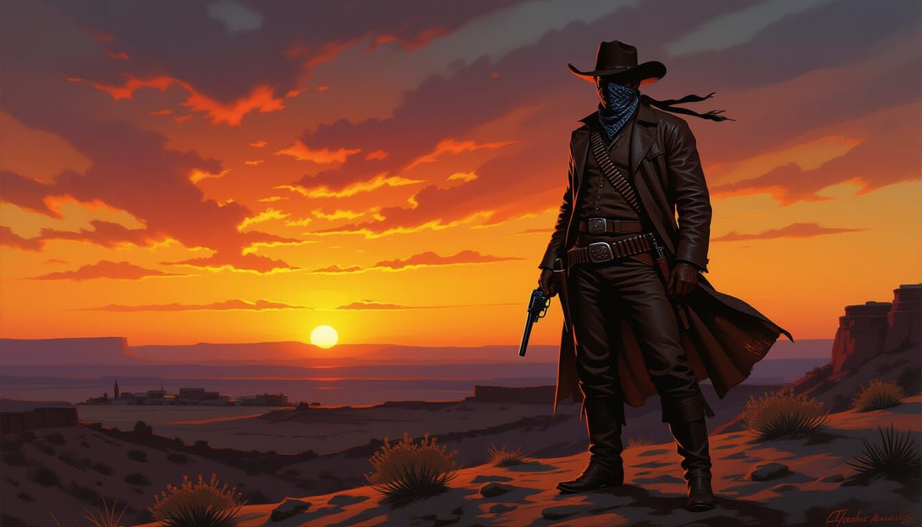 Lone Outlaw at Dusk: Hyperrealistic Oil Painting