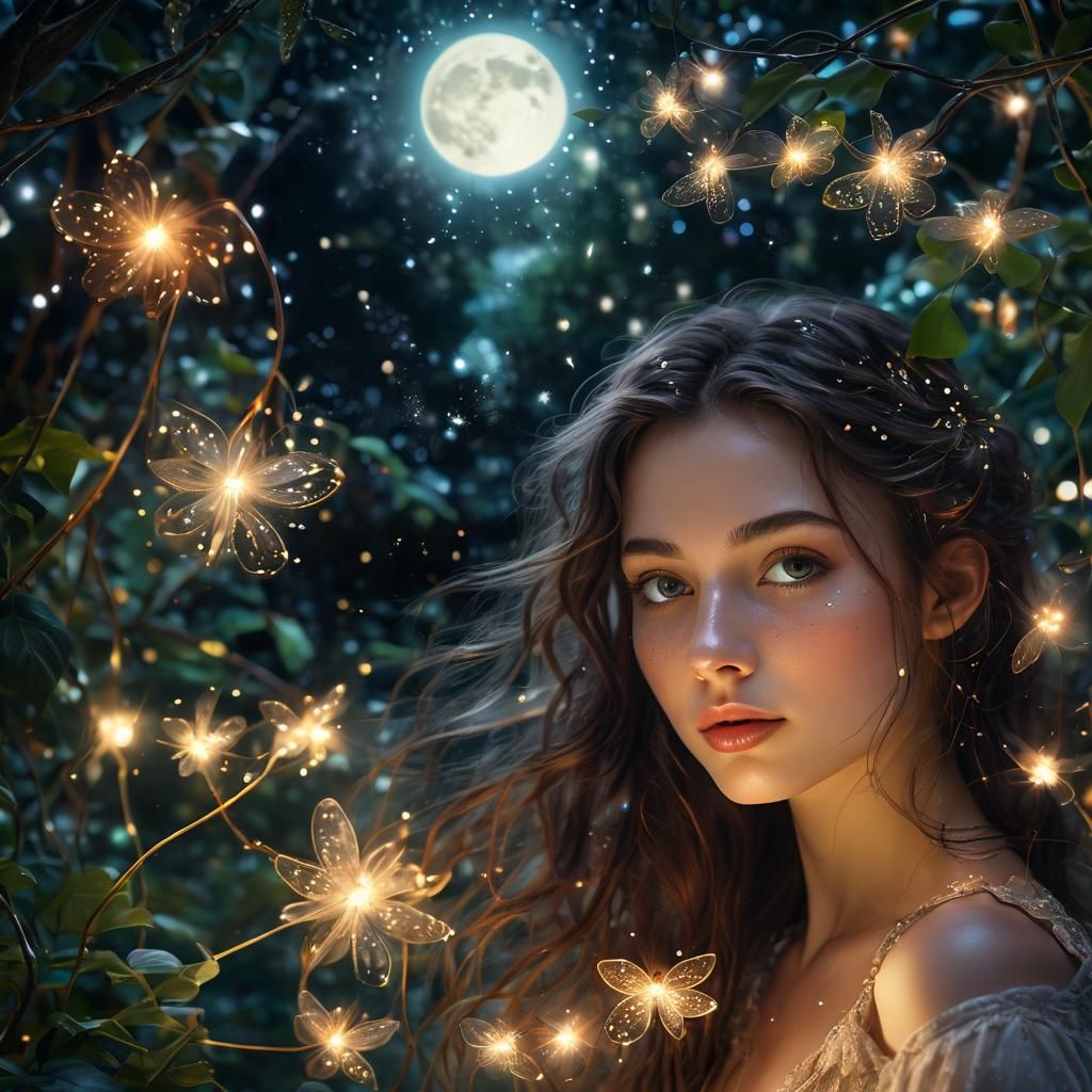 Moonlit Woman in Summer Garden: Fantasy Portrait