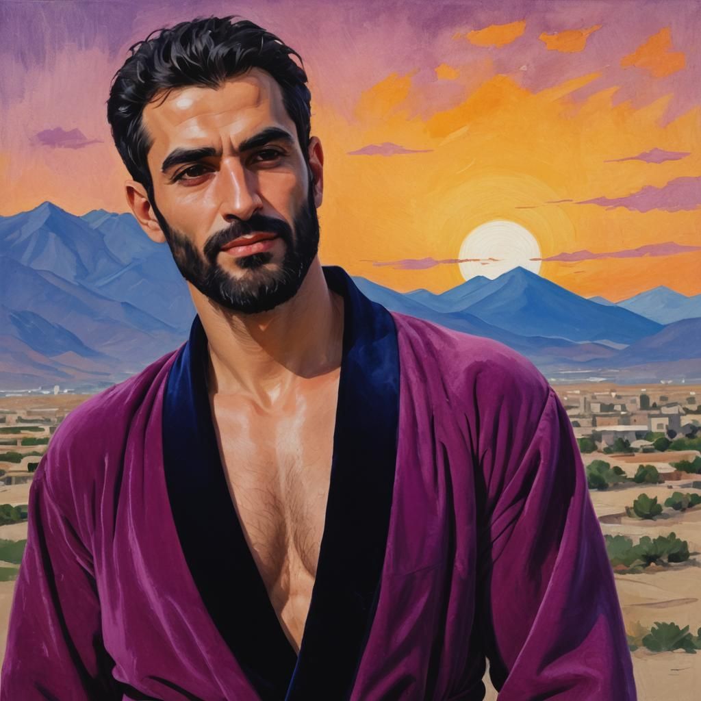 Hirsute Iranian Man in Purple Robe, Impressionist Style