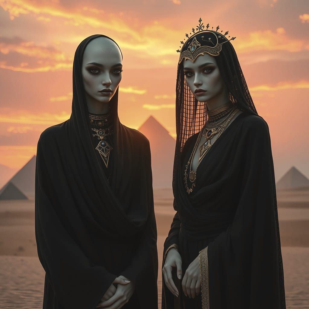 Surreal Desert Beings in Golden Attire Pose Amidst Geometric...