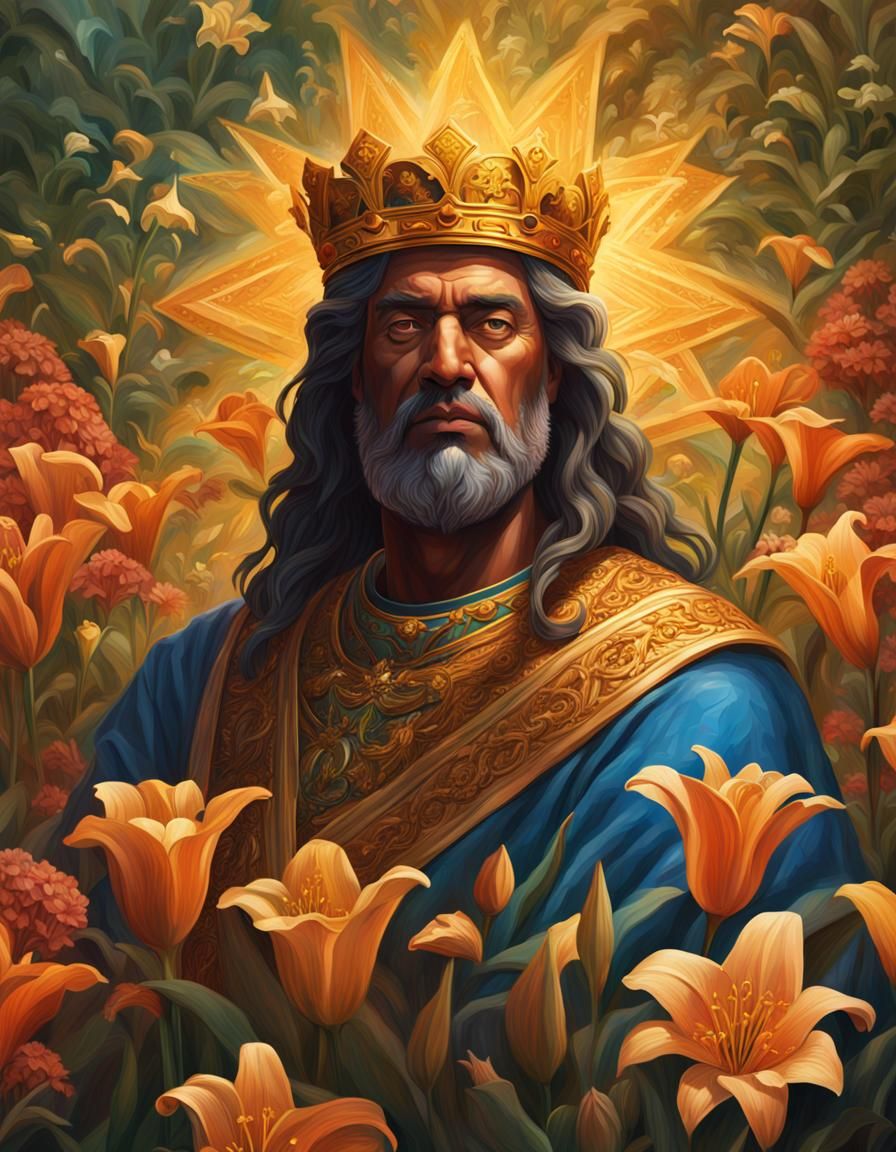 Hyperrealistic King Solomon in a Lily Field