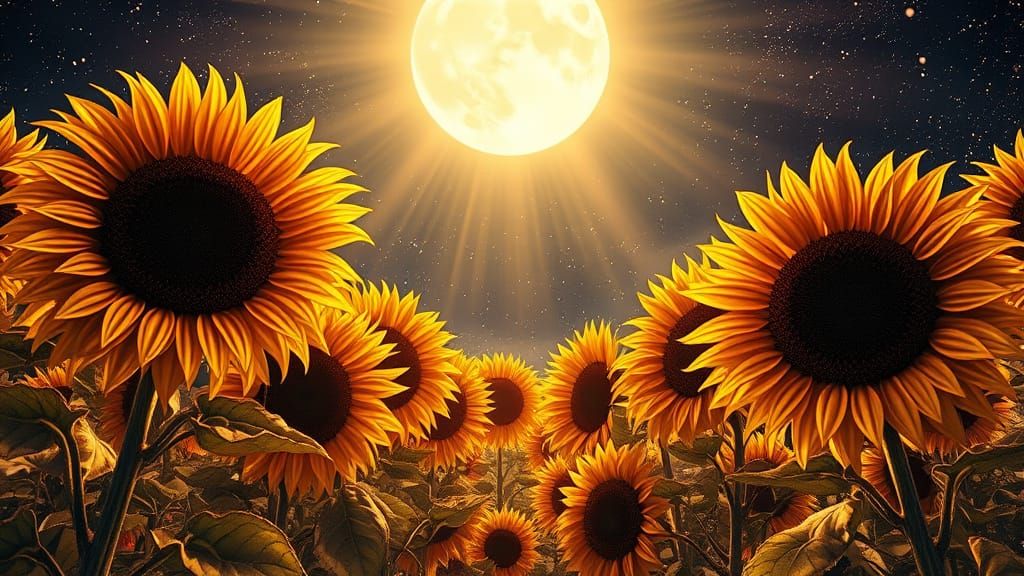 Colossal Sunflowers with Golden Aura Under White Moon