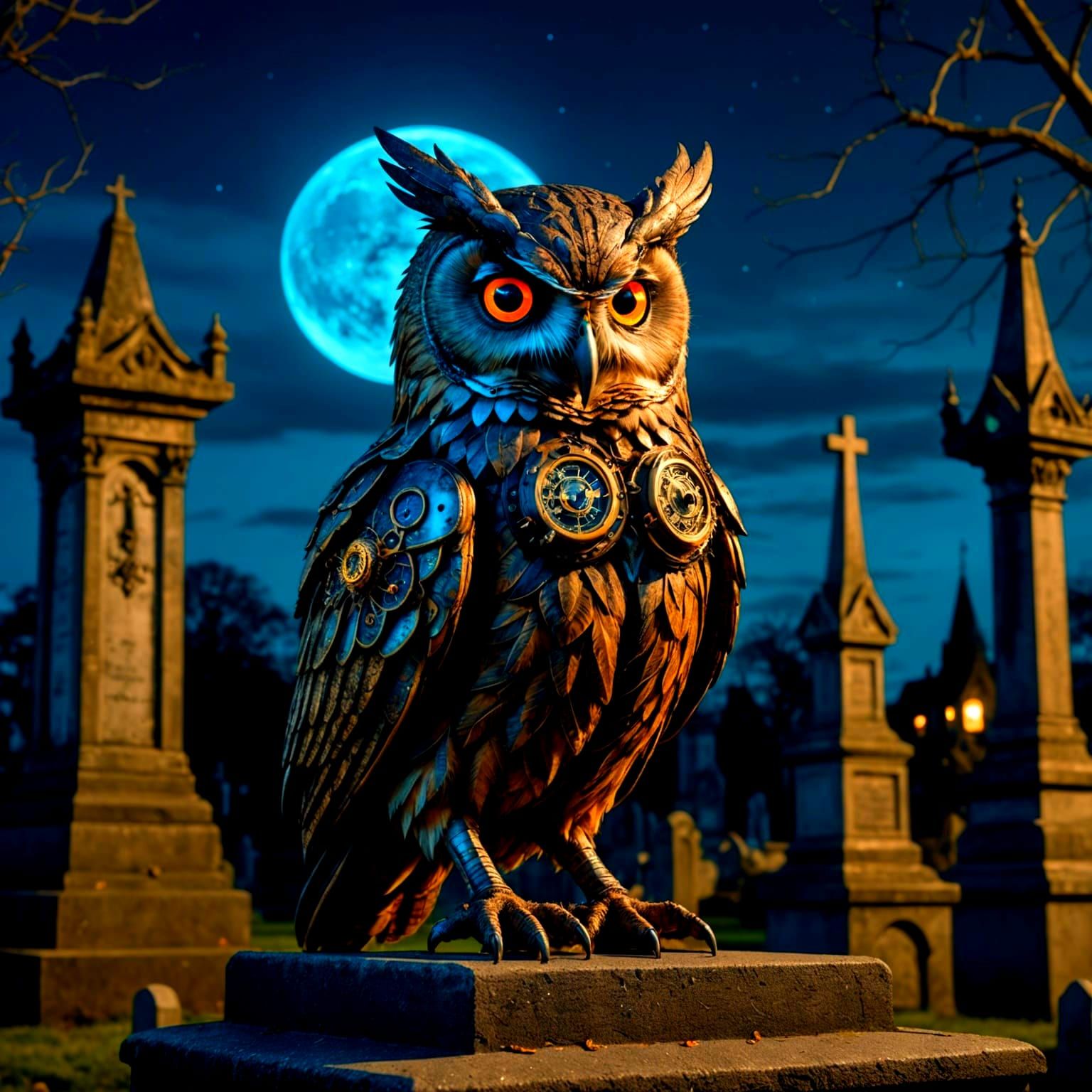 Steampunk Owl in Gothic Victorian Cemetery
