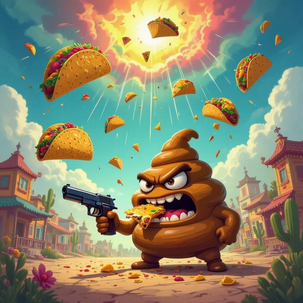 Surreal Feast: Tacos Rain Down, Poo Eats Gun