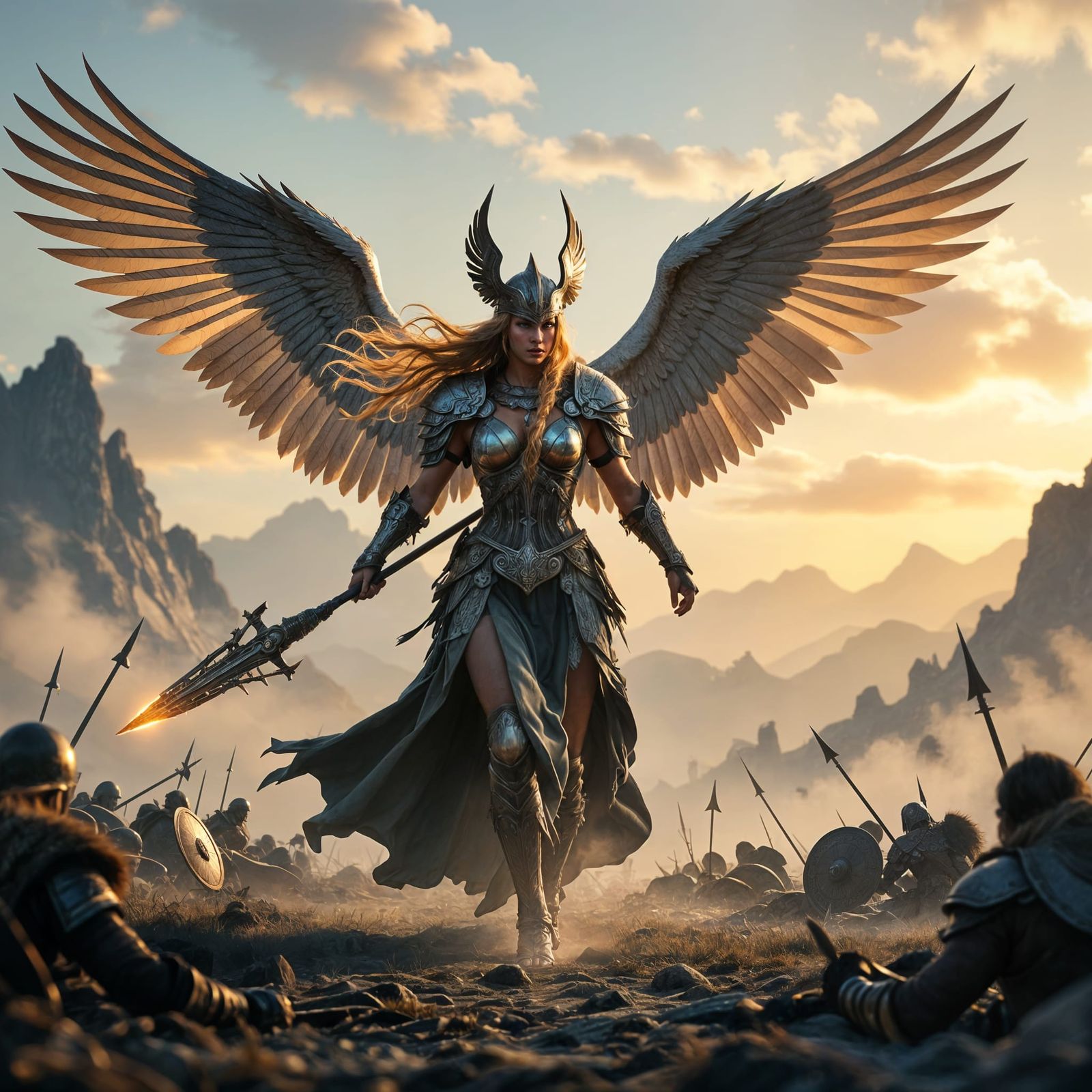 Valkyrie Ascends from Battlefield in Epic CGI Style