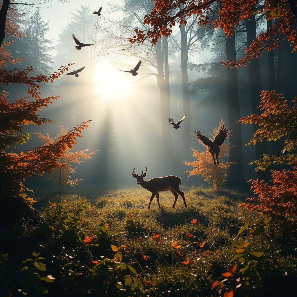 Misty Autumn Forest Glade with Roe Deer and Birds