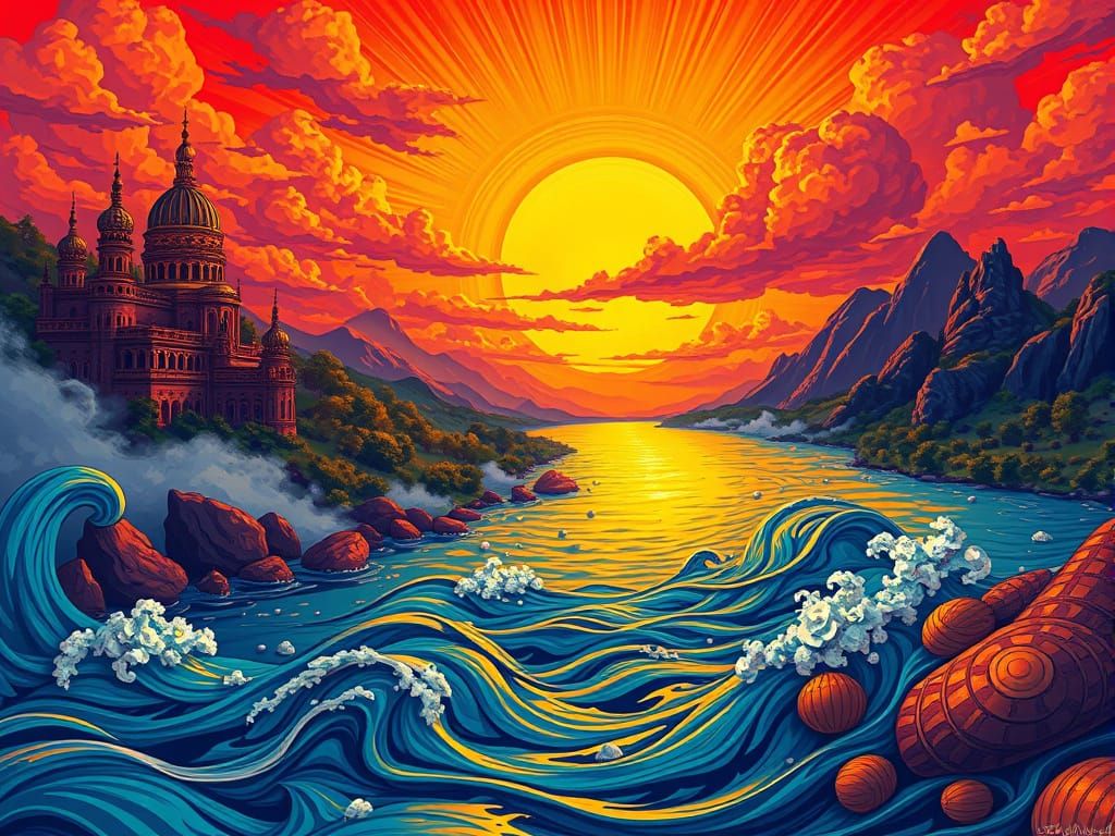 Fantastical Riverside Landscape in Surrealist Style
