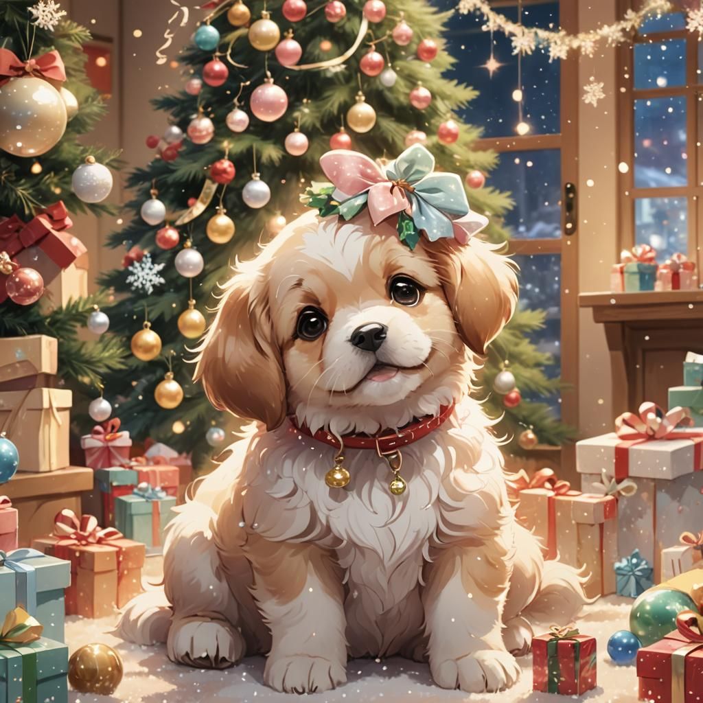 Cute Christmas Puppy in Pastel Anime Style