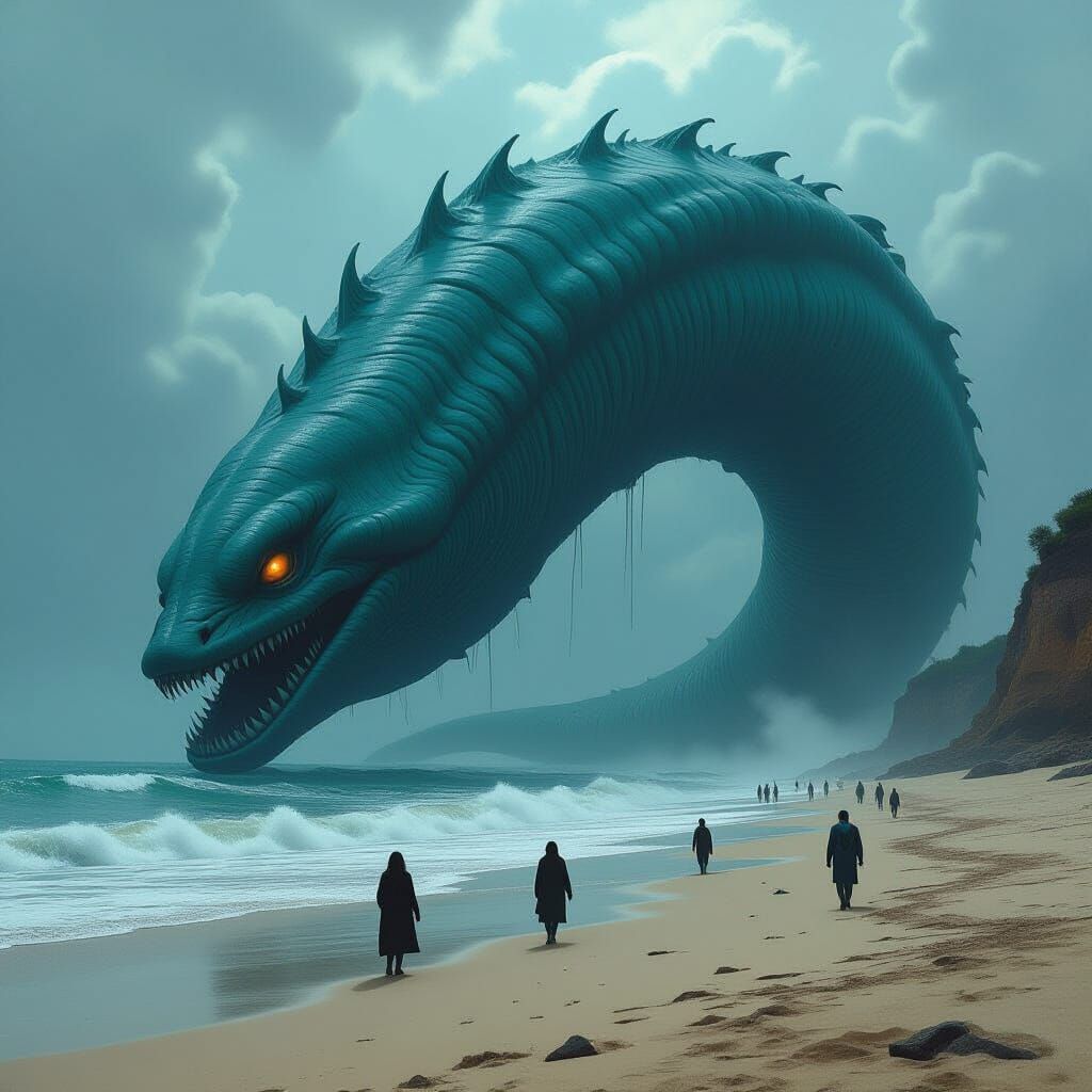 Colossal Eel Sea Monster Dominating Beach Shore in Gothic St...