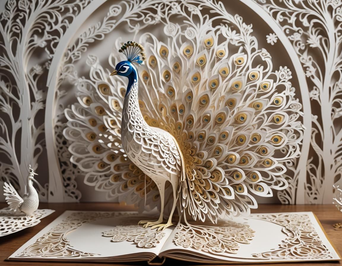 Papercut Peacock Pop-Up Book in White Tones