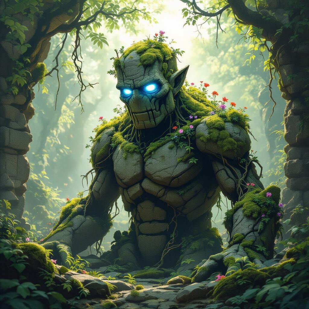 Mossy Stone Golem Awakens in Ancient Ruin