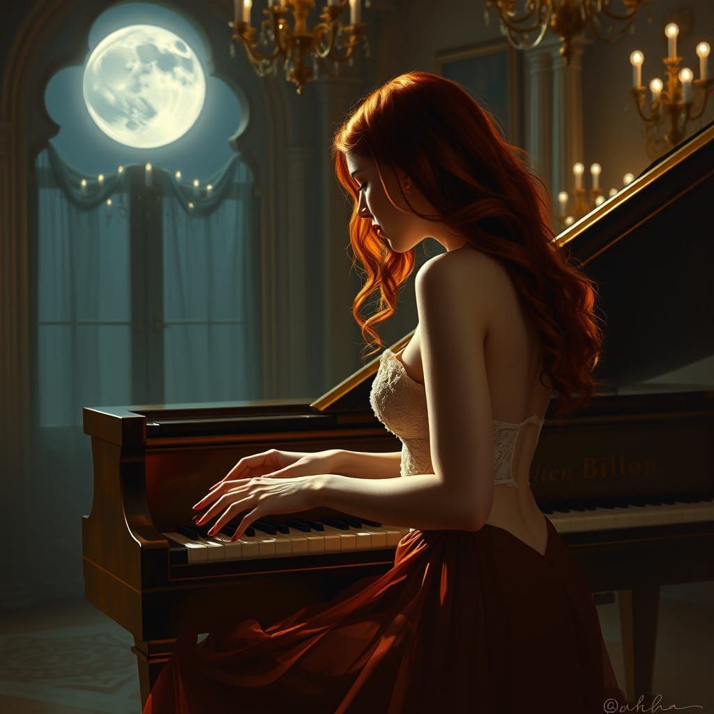 Red Haired Woman Plays Piano in Opulent Ballroom