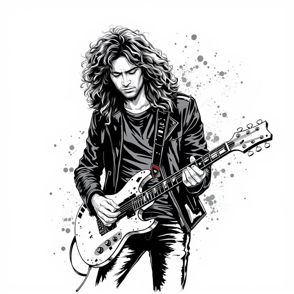 Monochrome Musician Playing Guitar with Ink Splatter