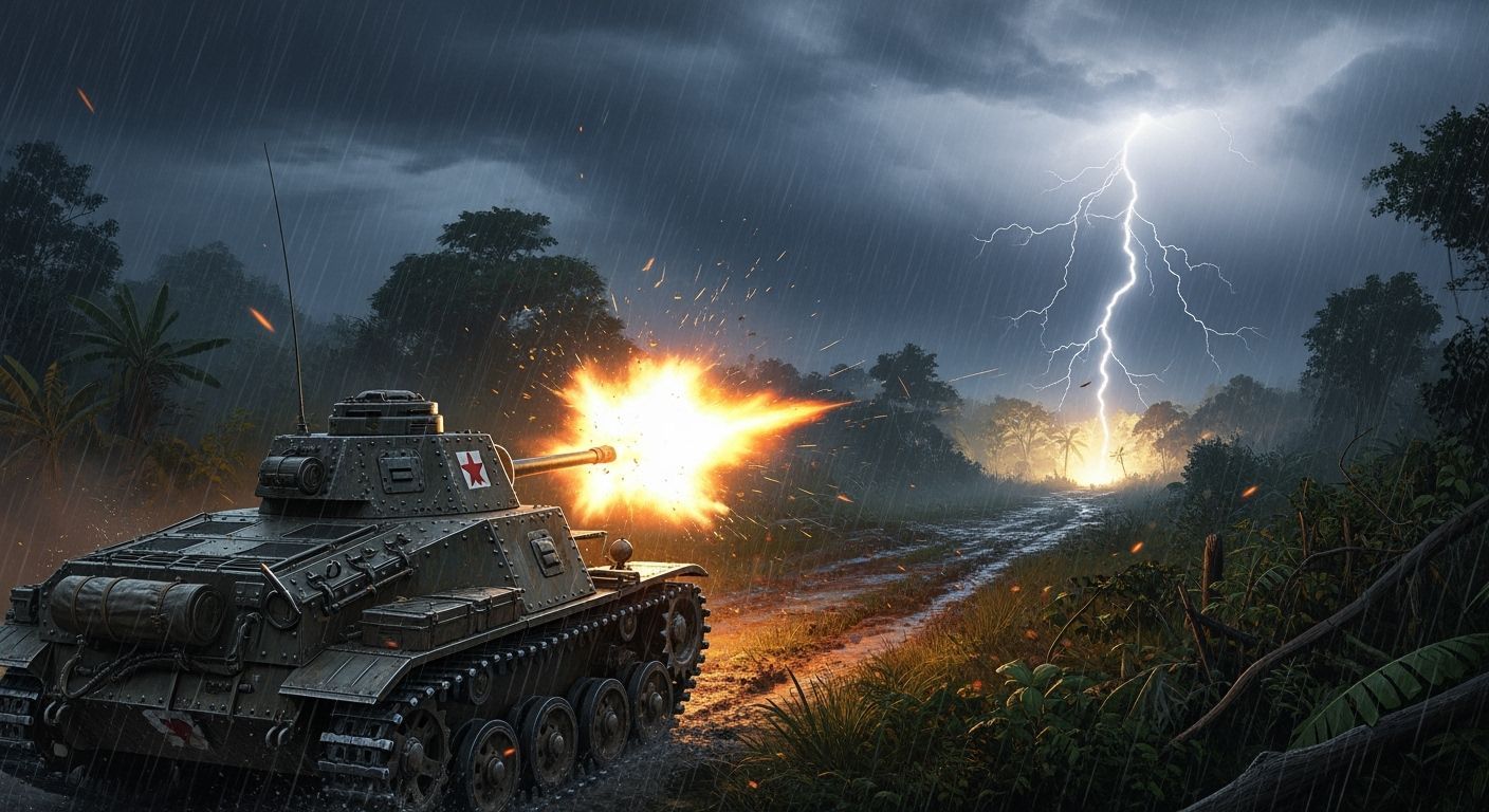 Japanese Tank Fires Gun in Jungle Storm Artwork