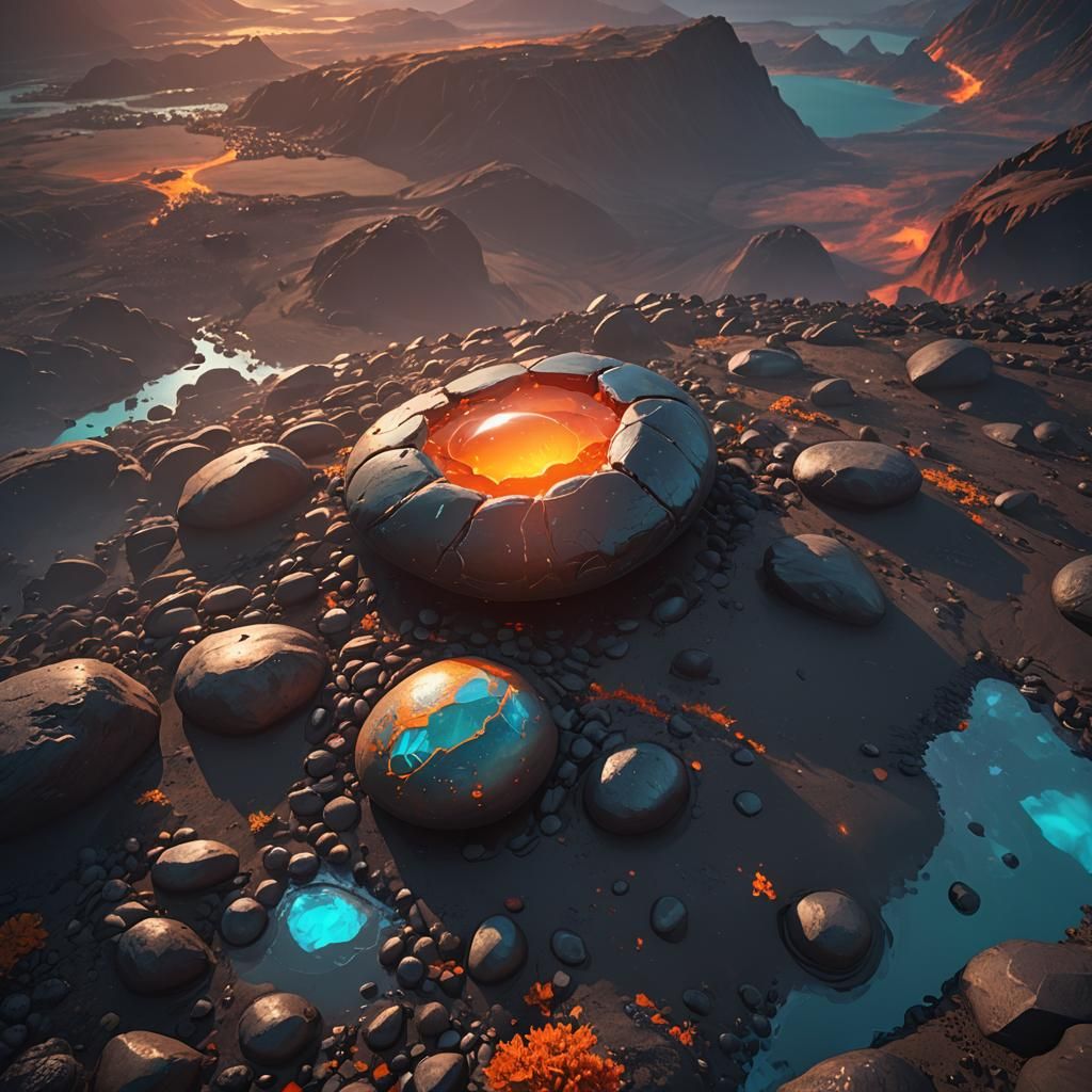Glowing Pebble Over Volcanic Landscape in Fantasy Art