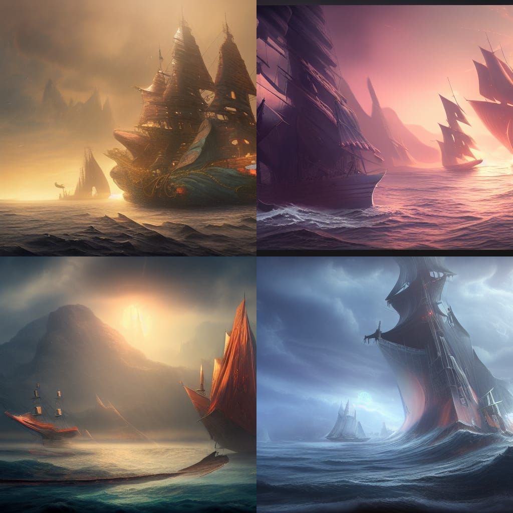 Ancient Ship Sailing: Detailed Fantasy Concept Art