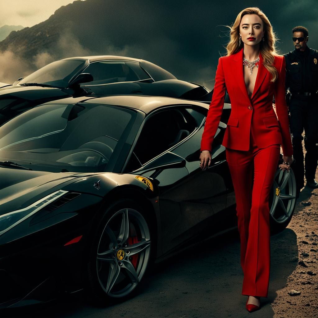 Sicario in Red Suit with Ferrari: Cinematic Digital Art
