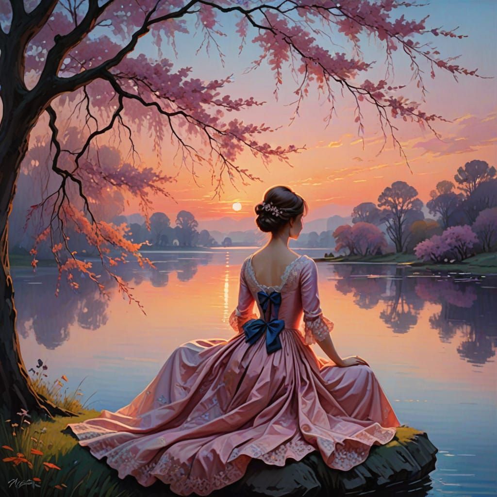 Elegant Lady Under Willow Tree by Lake at Sunset