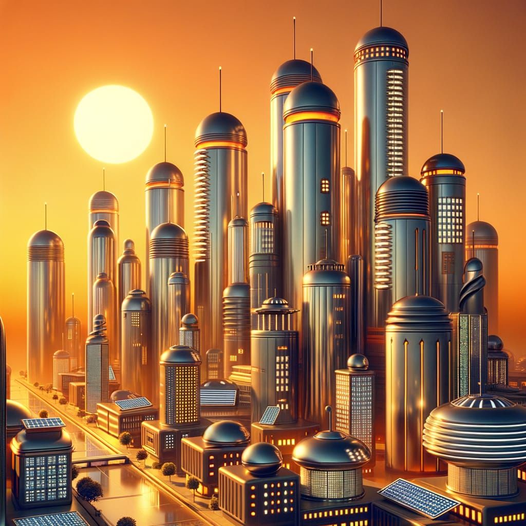 Retro-Futuristic Solar City in 1950s Sci-Fi Style