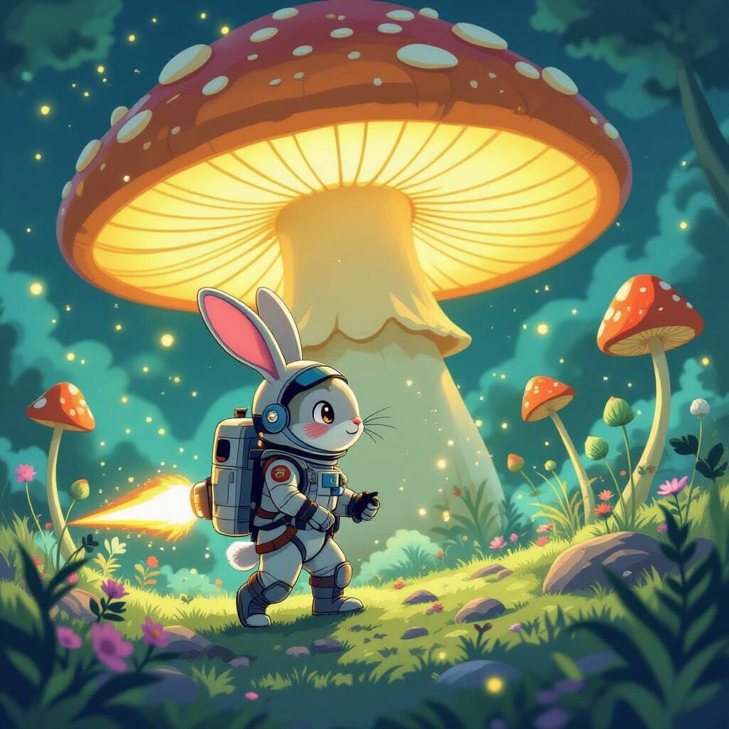 Astronaut Rabbit Explores Giant Glowing Mushroom World