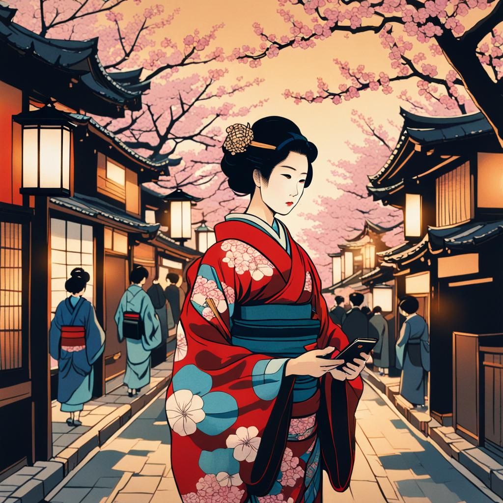 Kimono Woman in Tokyo: Japanese Woodblock Print