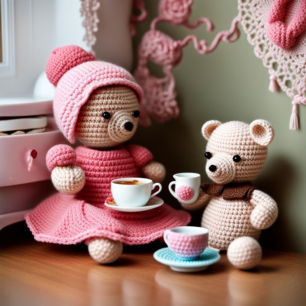 Crocheted Doll and Teddy Bear's Tea Party
