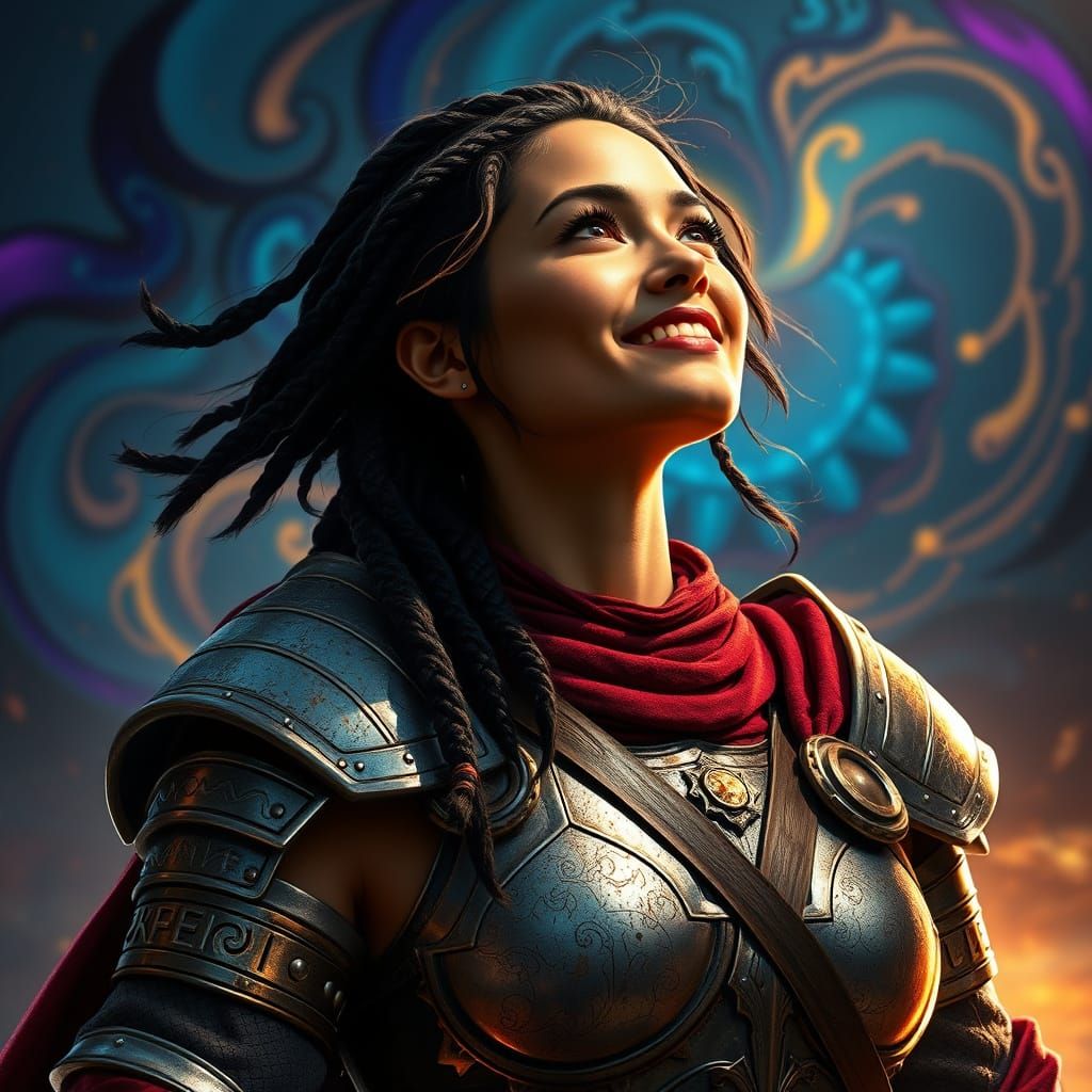 Triumphant Warrior Woman in Silver Armor with Gold Accents