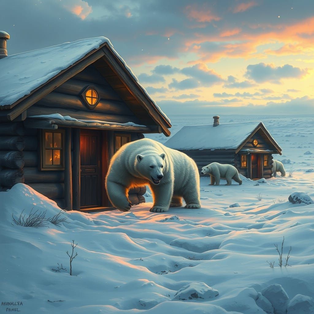 Polar Bears Seek Shelter: Realistic Wildlife Art