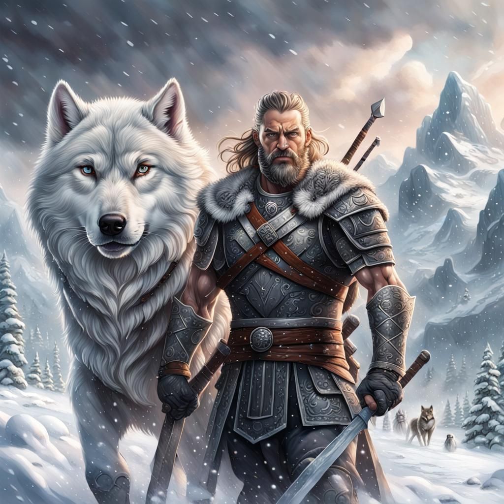 Viking Warrior and Giant Wolf in Winter Cartoon
