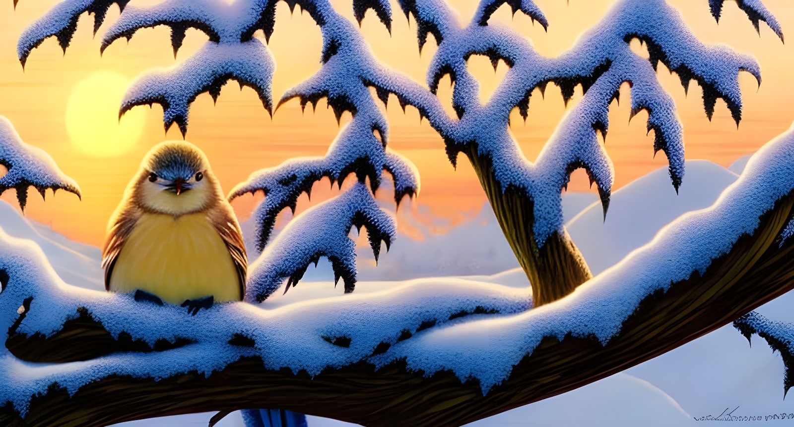 Fluffy Bird in Snowy Tree at Sunrise