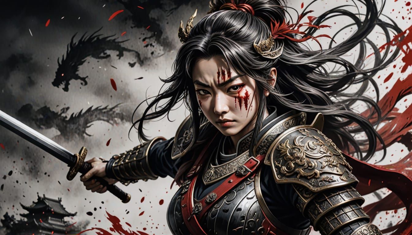 Tomoe Gozen Decapitates Warrior in Sumi-e Style