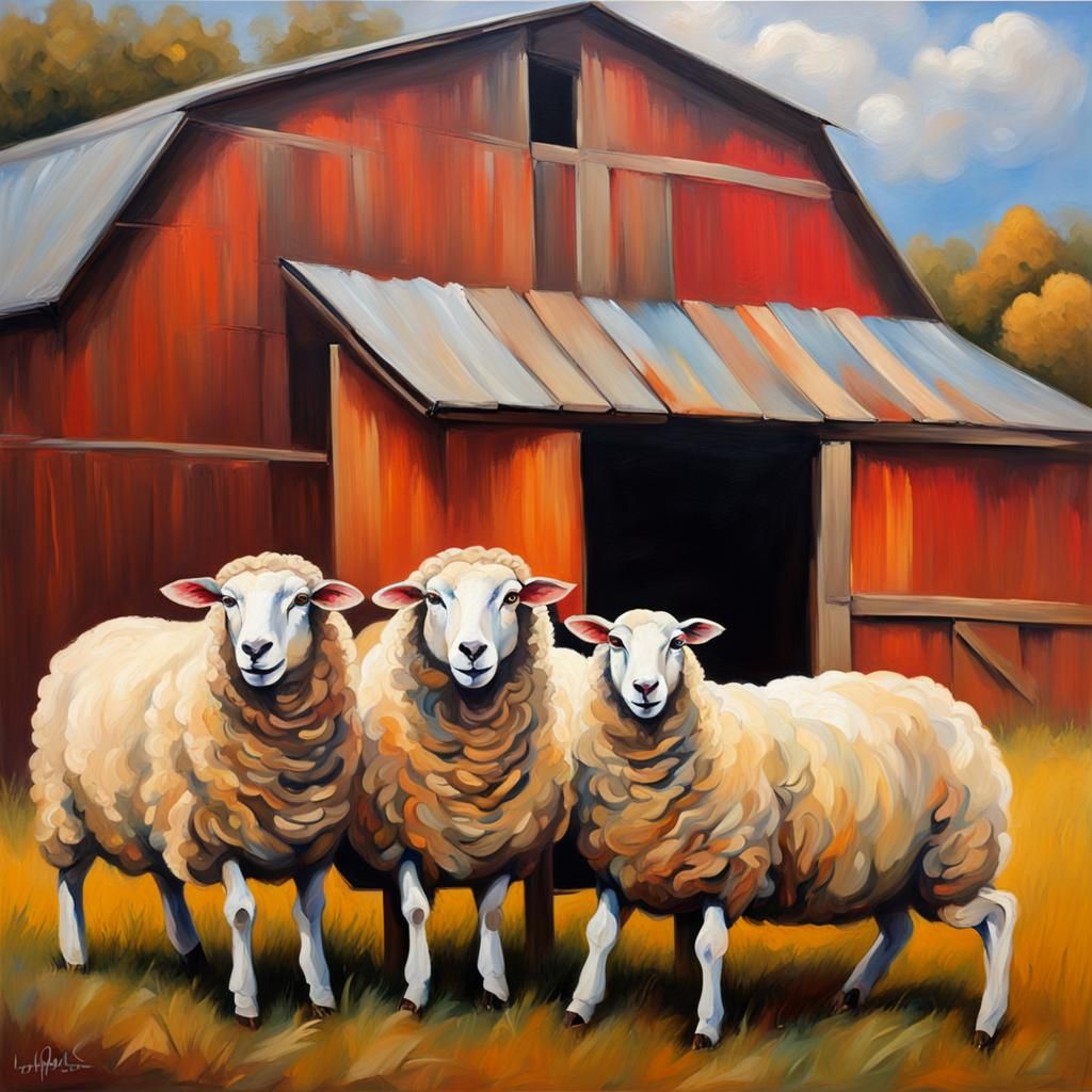 Sheep in Barn: Vivid Oil Painting with Flowing Brushstrokes