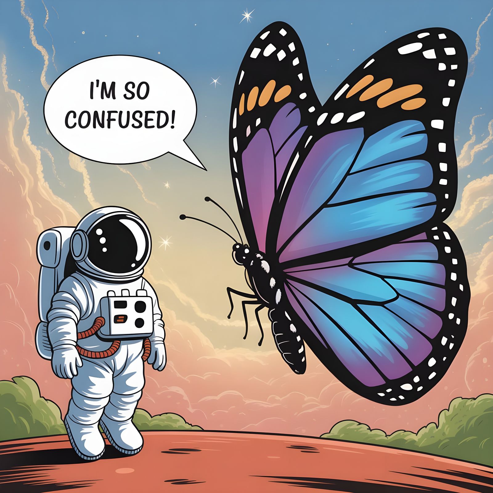 Confused Butterfly and Tiny Astronaut in Breathtaking Scener...